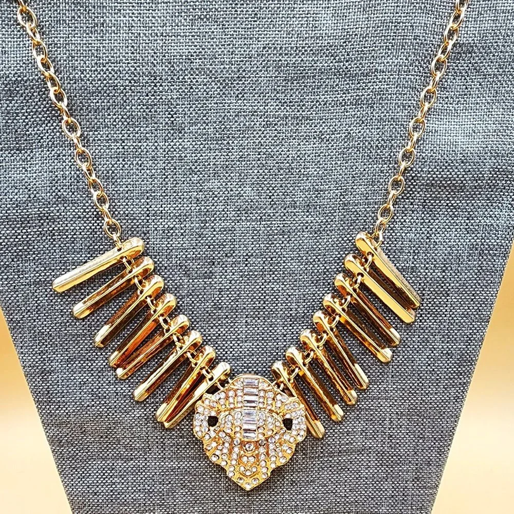 NEW Statement Polished Gold Fringe Rhinestone Center Dressy Runway Necklace